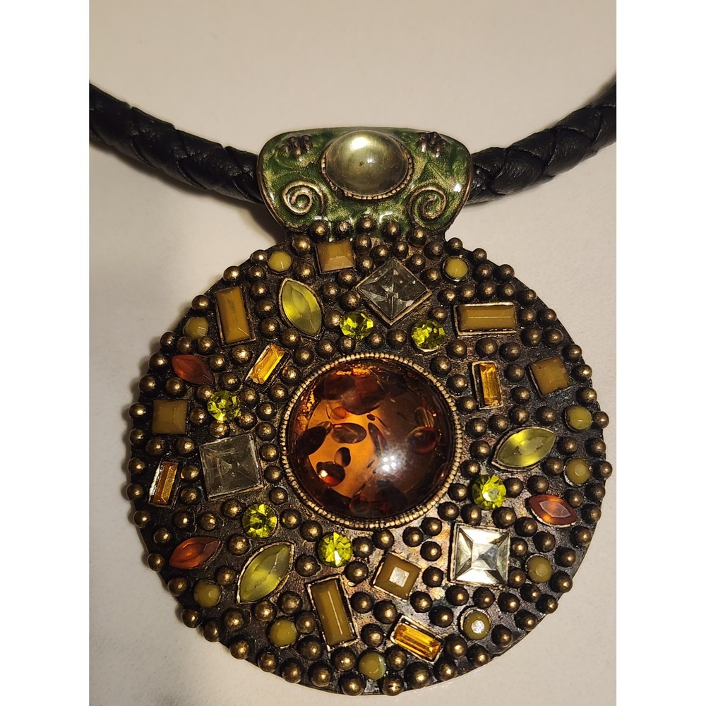 Bronze Medallion Pendant Necklace Amber Green Stones Black Braided Cord